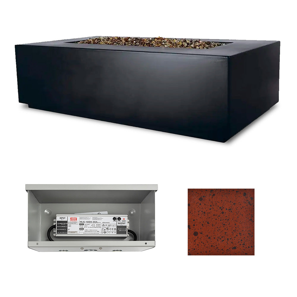 Fire table with open access panel and red-orange speckled finish color swatch