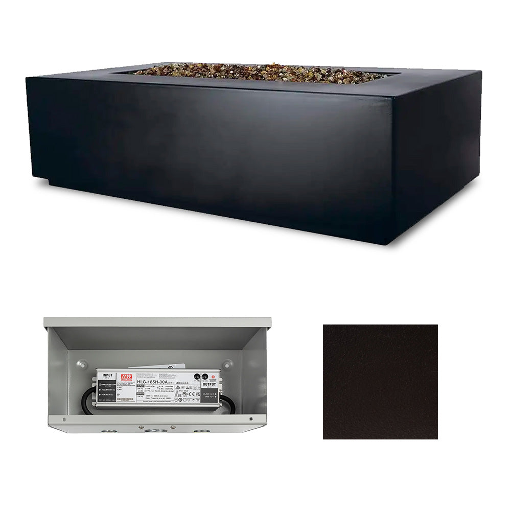 Fire table with open access panel and dark brown finish color swatch