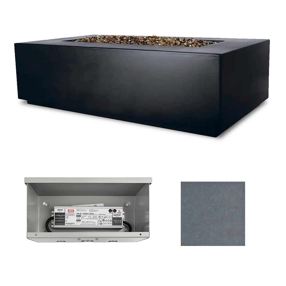 Fire table with open access panel and medium gray finish color swatch