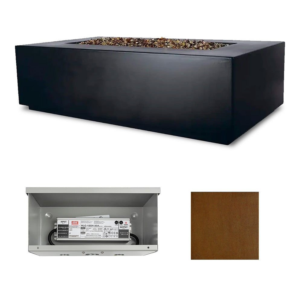 Fire table with open access panel and warm brown finish color swatch