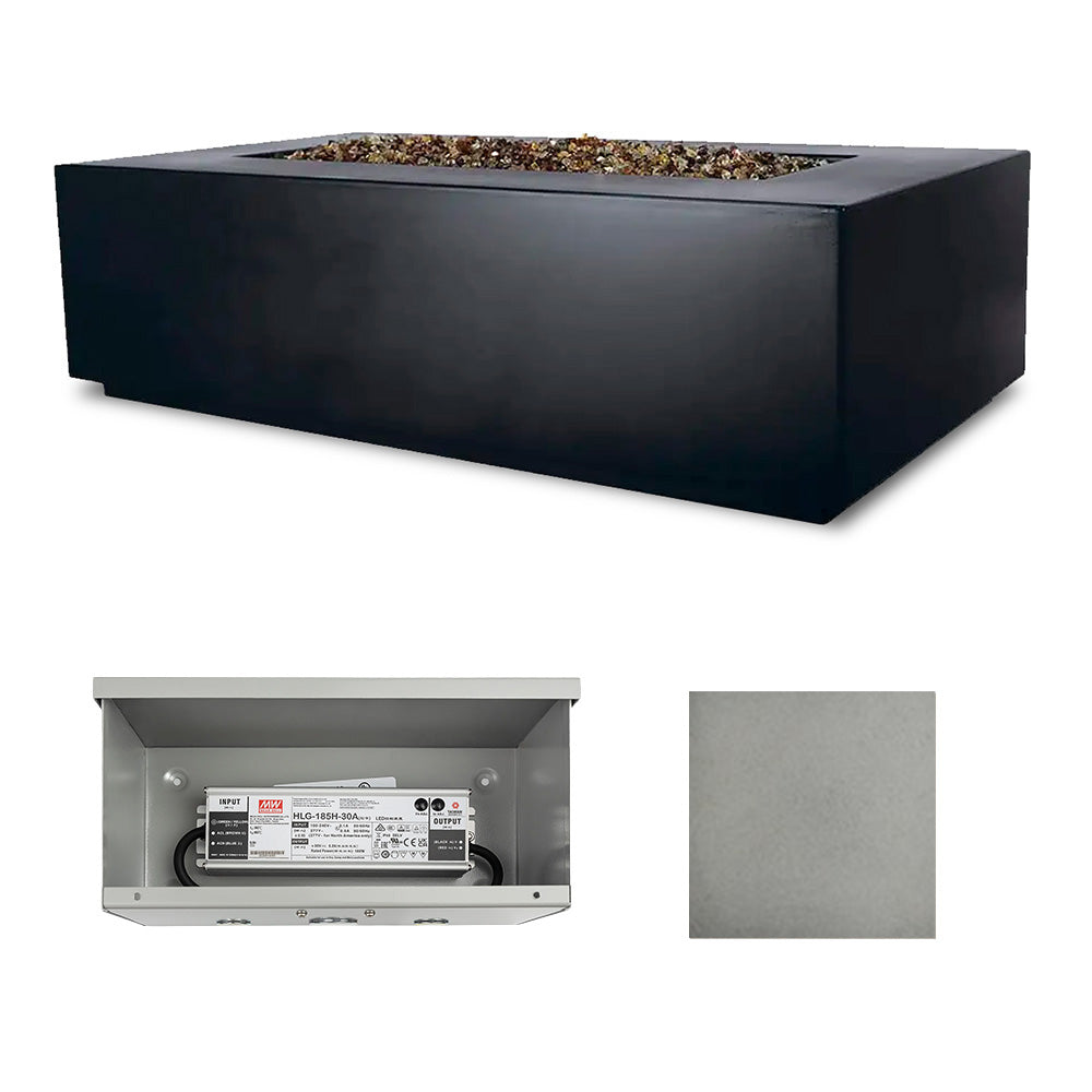 Fire table with open access panel and light gray finish color swatch