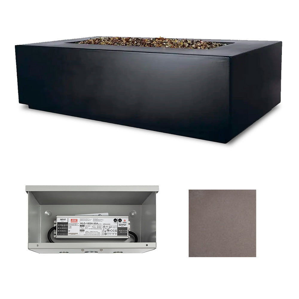 Dark charcoal rectangle fire table with open top and decorative burner media