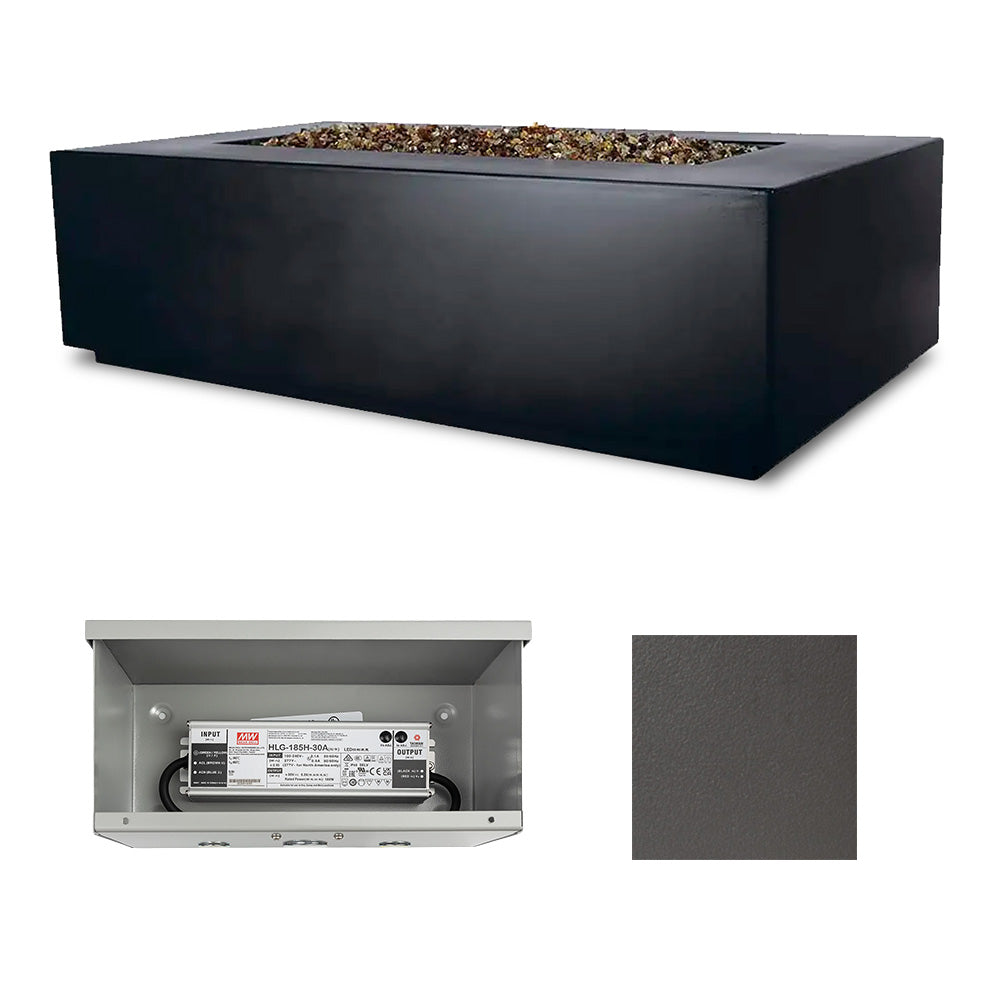 Dark charcoal rectangle fire table with open side panel showing gas control, charcoal finish swatch