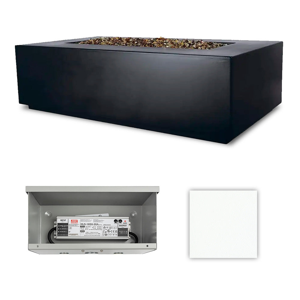 Dark charcoal rectangle fire table with open side panel showing gas control, white finish swatch
