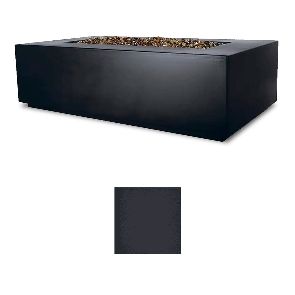 Rectangular fire table with color swatch: dark charcoal gray finish