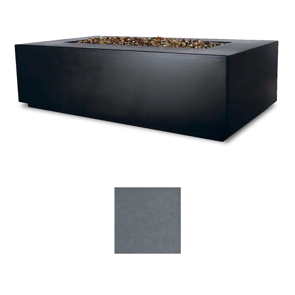 Rectangular fire table with color swatch: cool gray stone textured finish