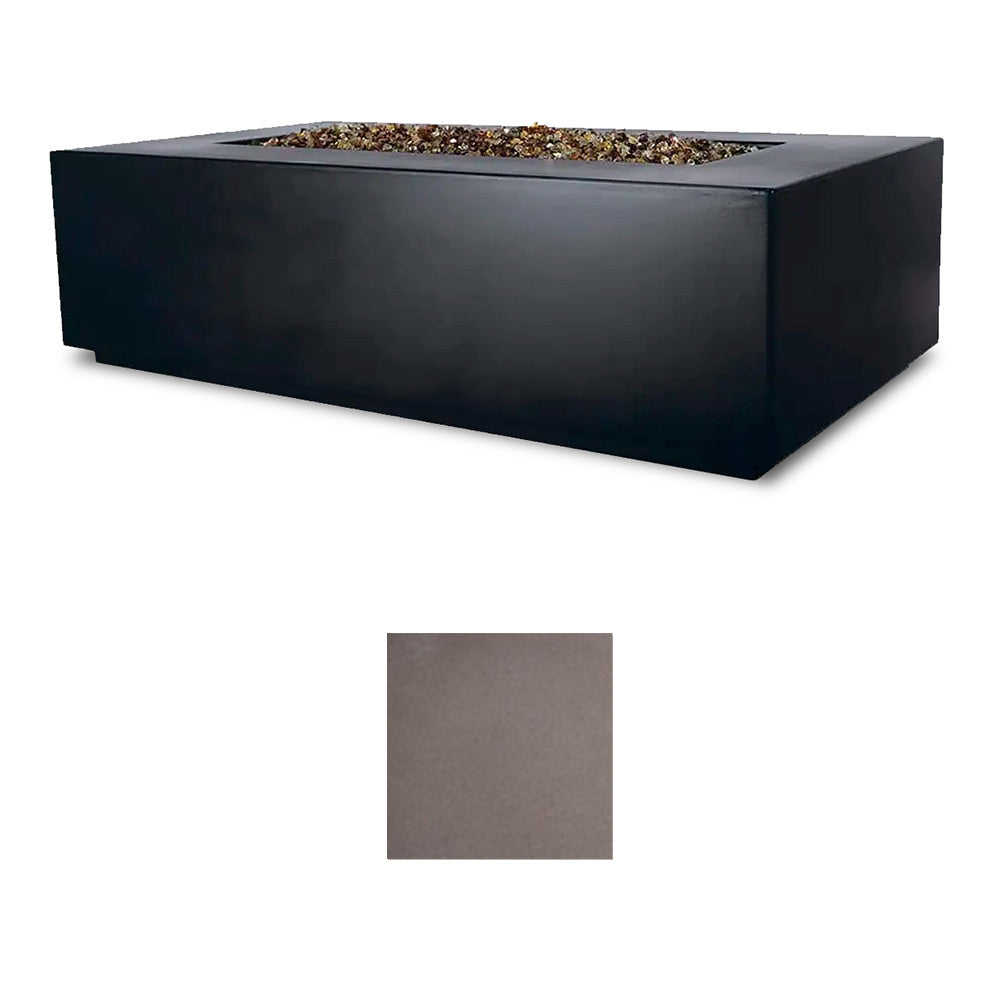 Rectangular fire table with color swatch: muted taupe-gray textured finish