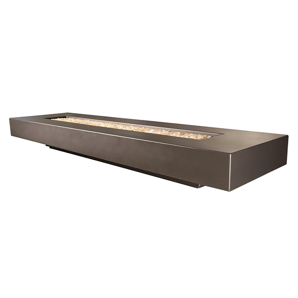 Dark slim rectangular fire table with long open burner tray and metal frame