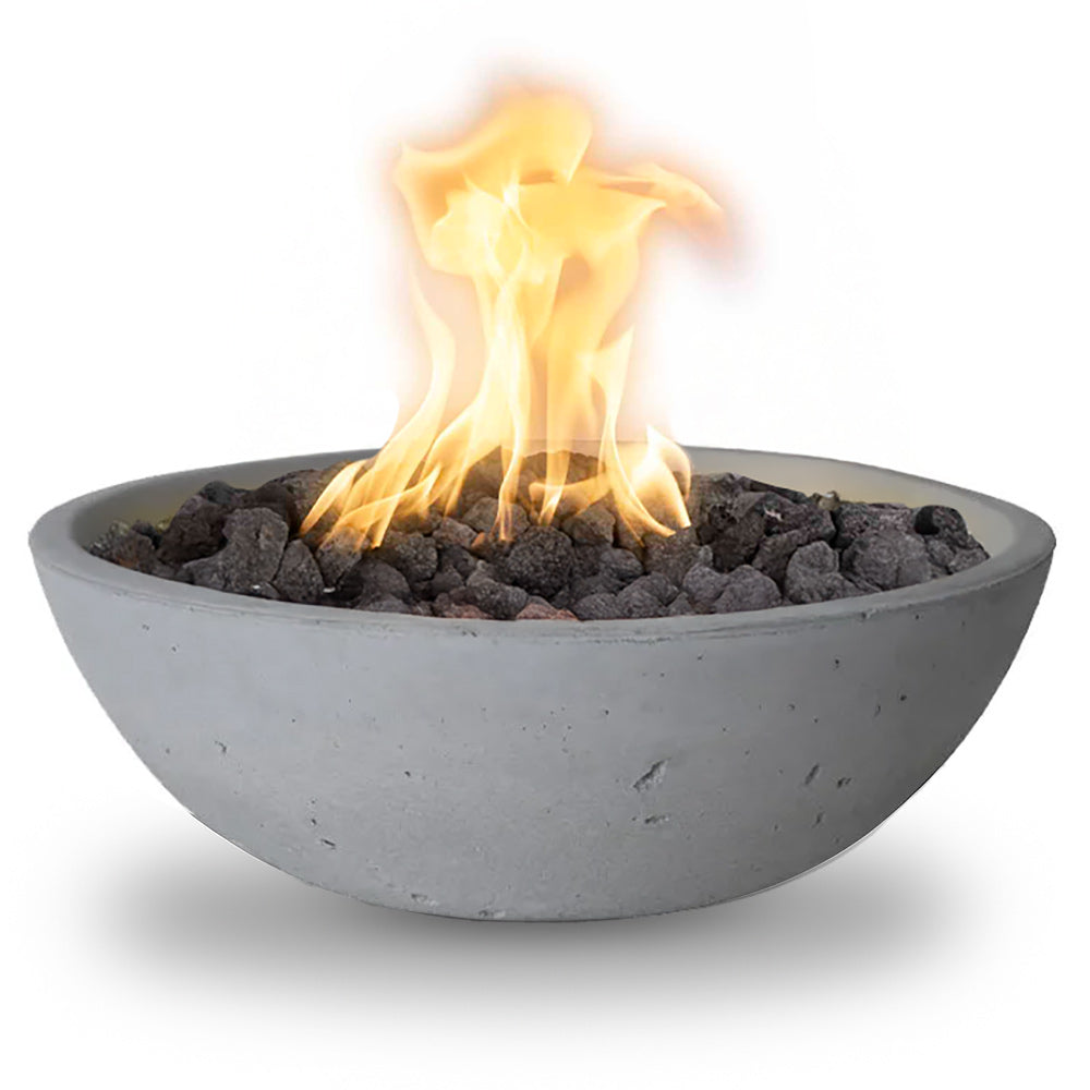 Gray round fire bowl with flames and black lava rocks