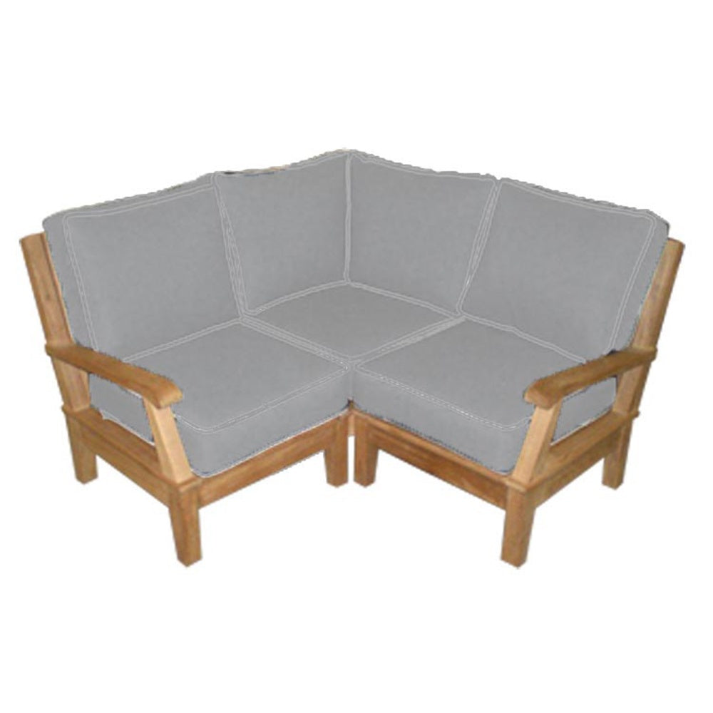 Small corner sectional sofa with light gray cushions and light piping on wood frame