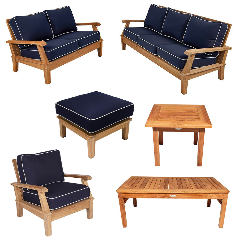Teak outdoor sofa set with navy cushions, matching ottoman and square coffee table