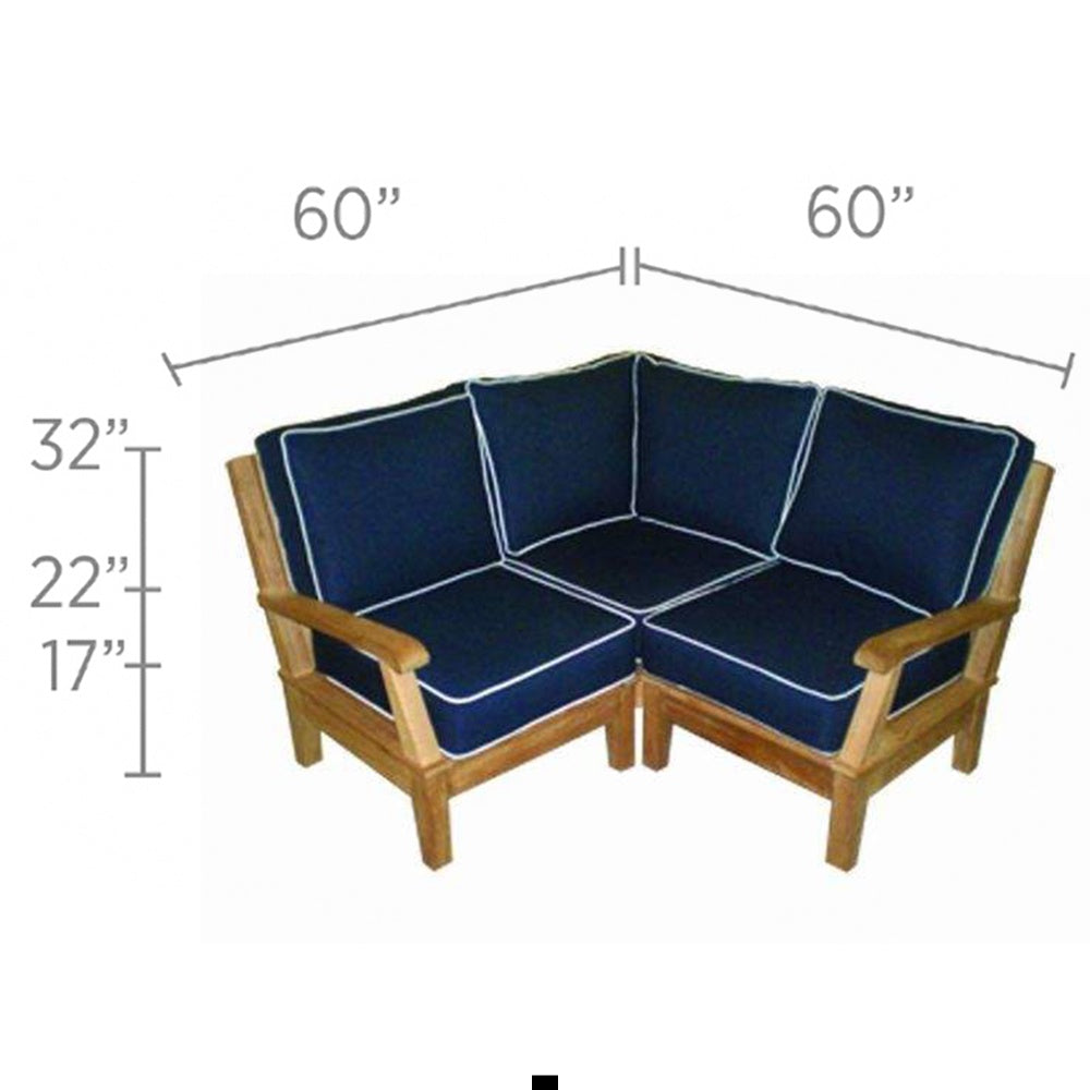 Small corner sectional sofa dimensions with navy cushions and white piping on wood frame