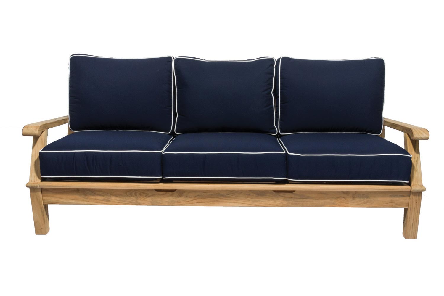 Miami sofa with navy upholstered seat and back cushions on teak frame
