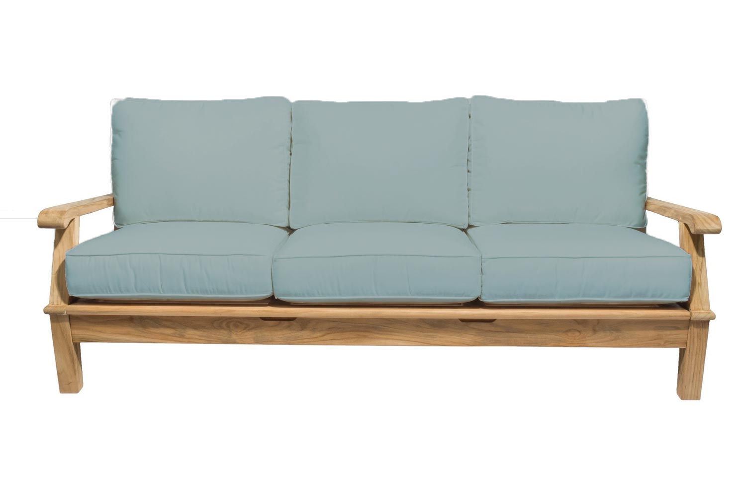 Miami sofa with light blue upholstered seat and back cushions on teak frame