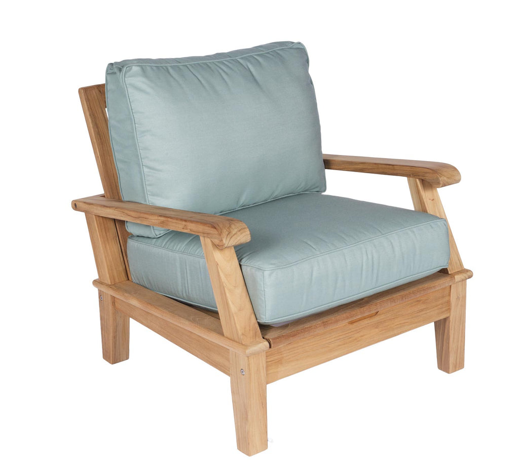 Miami chair with light blue cushion and natural teak frame