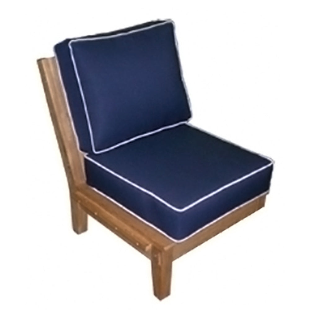 Corner chair with navy seat and back cushions, light piping, and teak wood frame