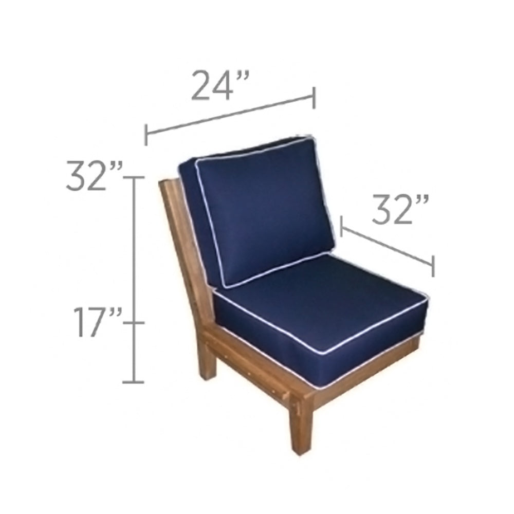 Navy corner chair on teak frame with labeled dimensions 32"W, 24"D, 17"H
