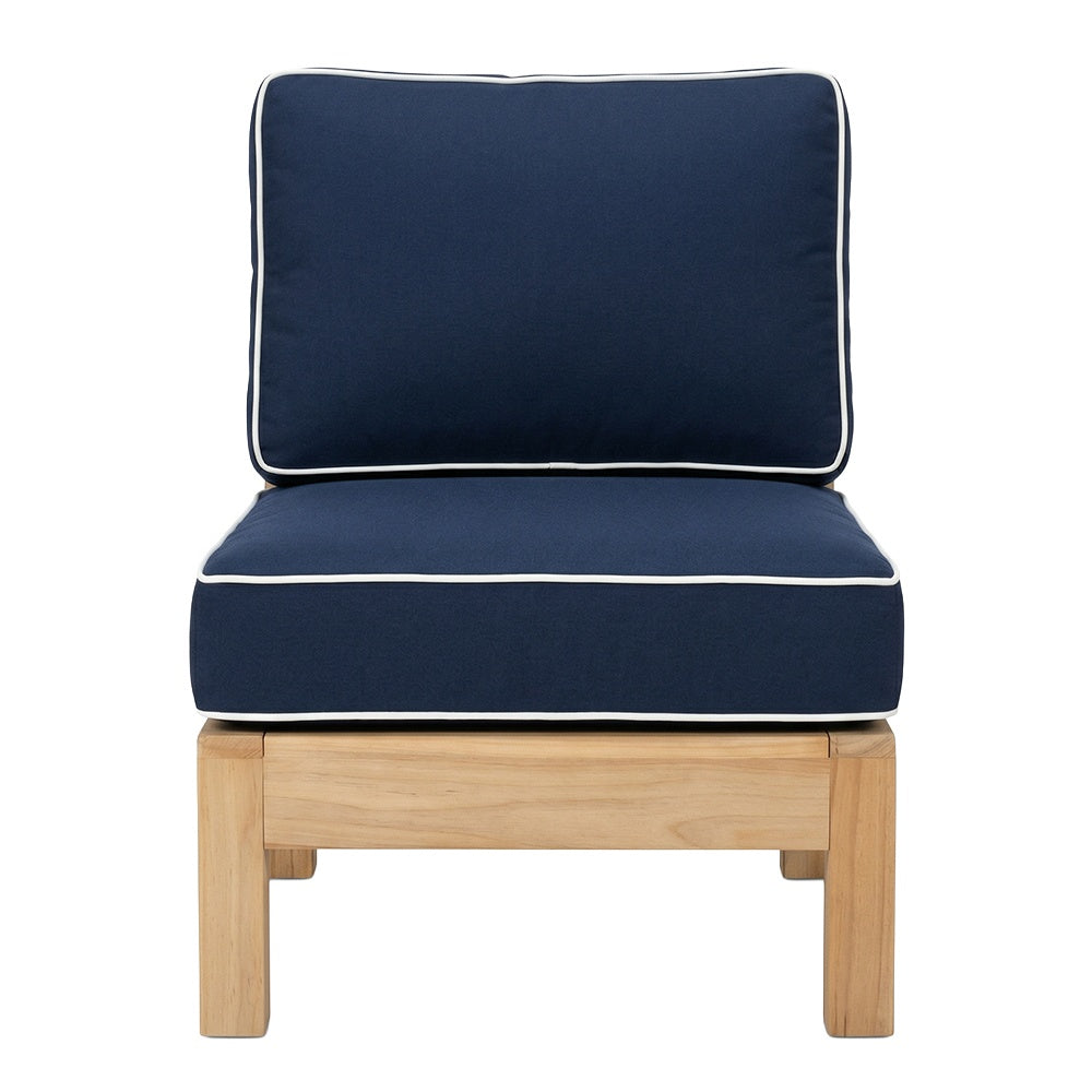 Navy sectional insert chair cushion with white piping and padded backrest