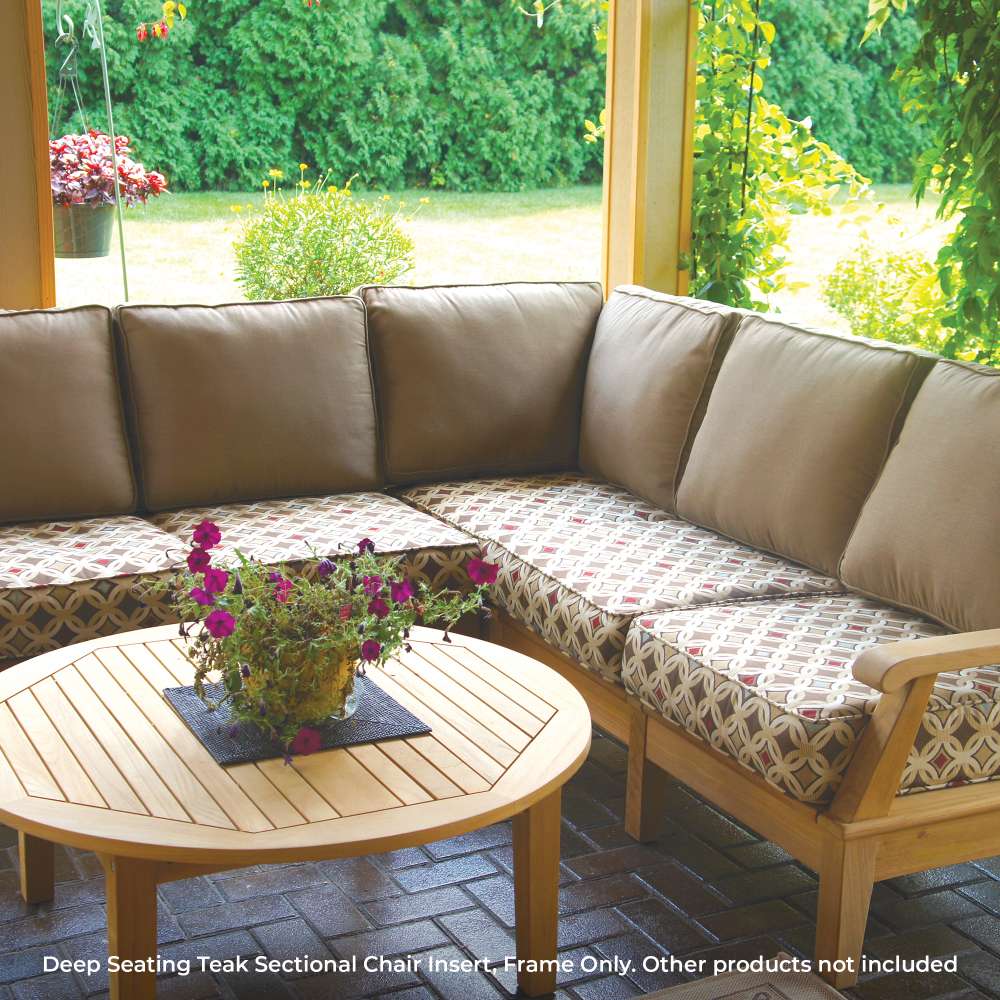 Cream sectional insert chair cushions on a teak-style wood frame with armrests