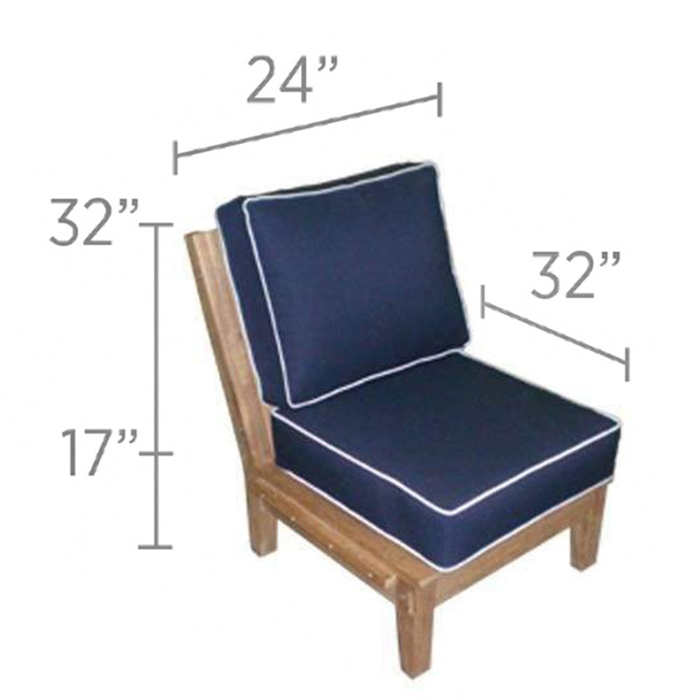 Navy sectional insert chair cushion on light wood frame with visible size dimensions