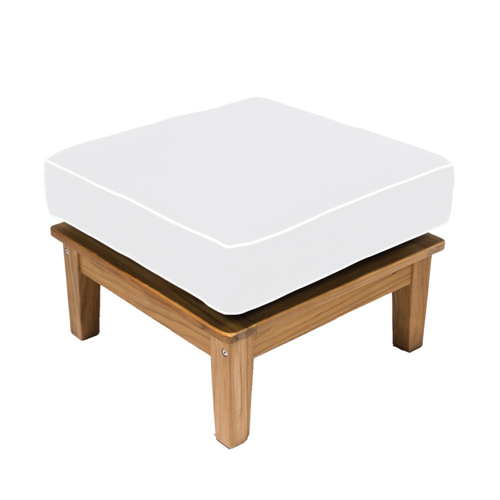 Miami outdoor ottoman with white cushion and teak frame, square padded top
