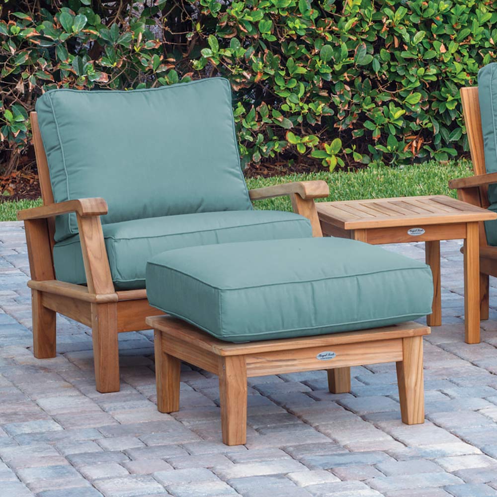 Teak ottoman base with teal cushion and slatted tabletop