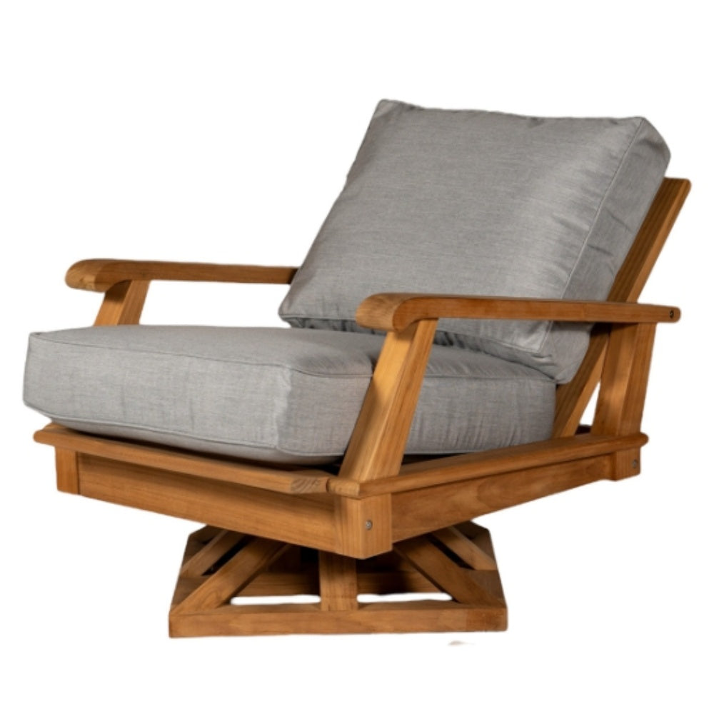 Teak swivel chair with light gray cushion, no contrast piping.