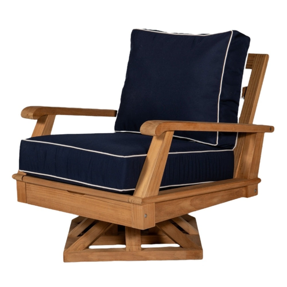 Teak swivel chair with dark navy cushion and contrast white piping.