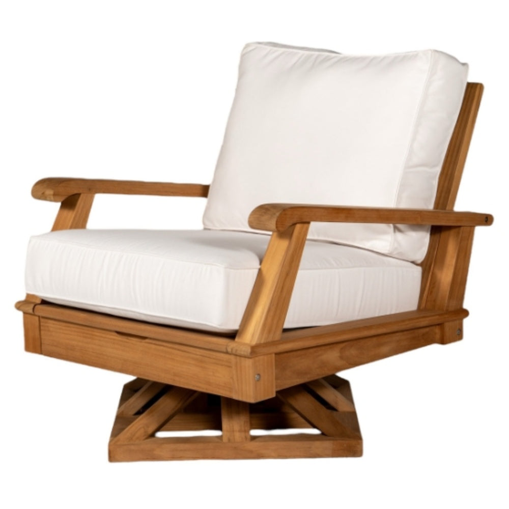 Teak swivel chair with white cushion and matching upholstered armrests.