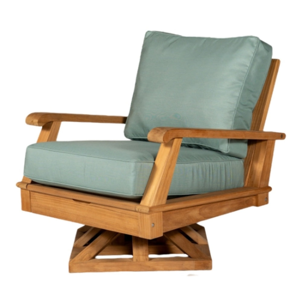 Teak swivel chair with sage green cushion and padded armrests.