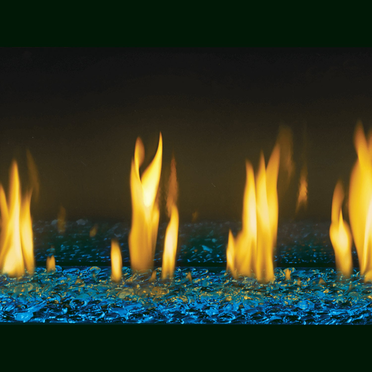 Blue glass beads with scattered small flames