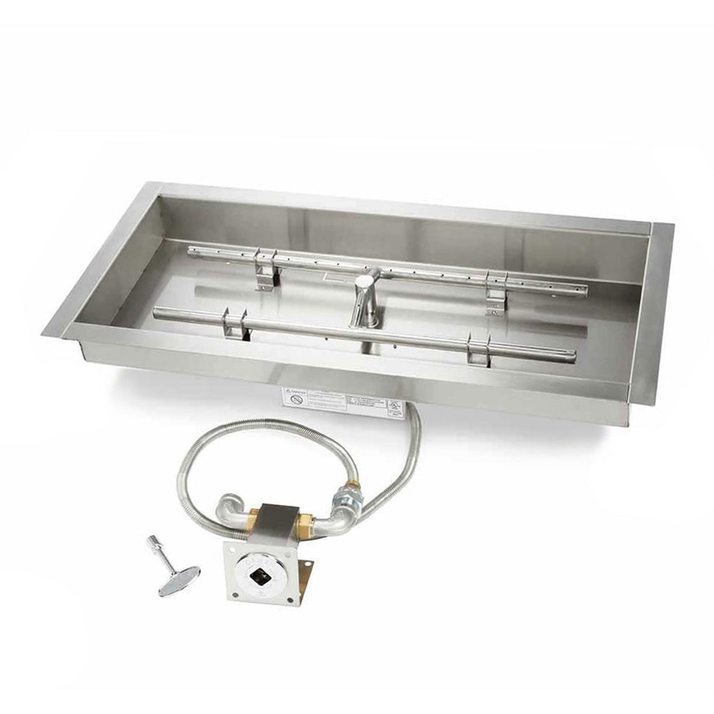 Stainless steel rectangular burner pan with match-light ignition hose and gas valve