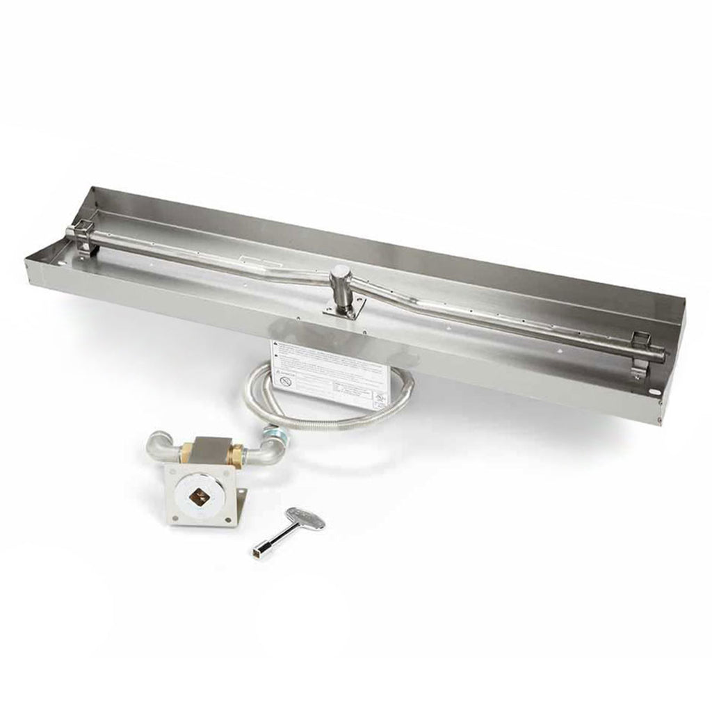 Linear gas fire pit burner kit with rectangular pan, regulator, valve, and ignition parts