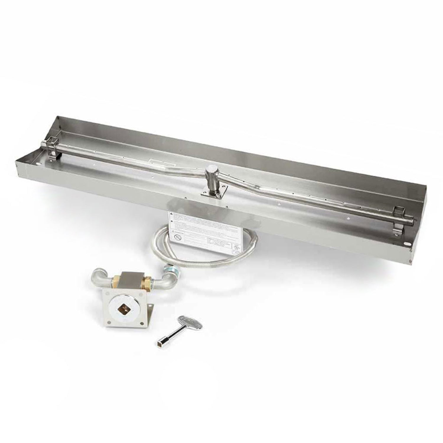Linear gas fire pit burner kit with rectangular pan, regulator, valve, and ignition parts