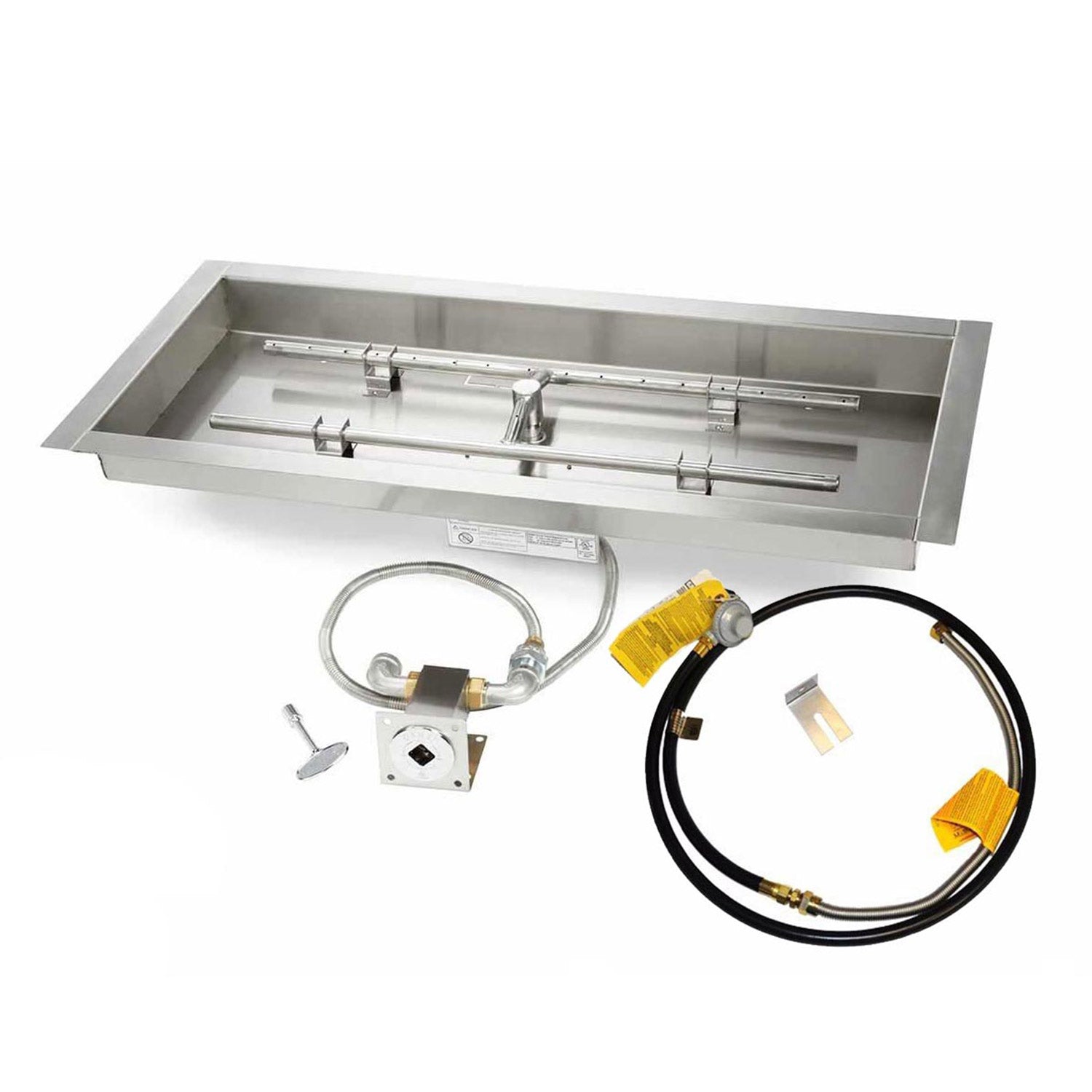 Stainless burner pan with match-light components and gas hose set with yellow fittings