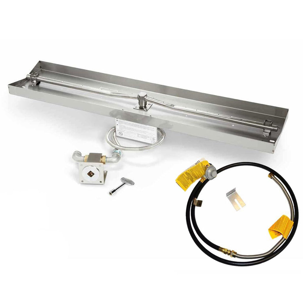 Linear gas fire pit burner kit with rectangular pan, regulator, and gas hose with yellow caps