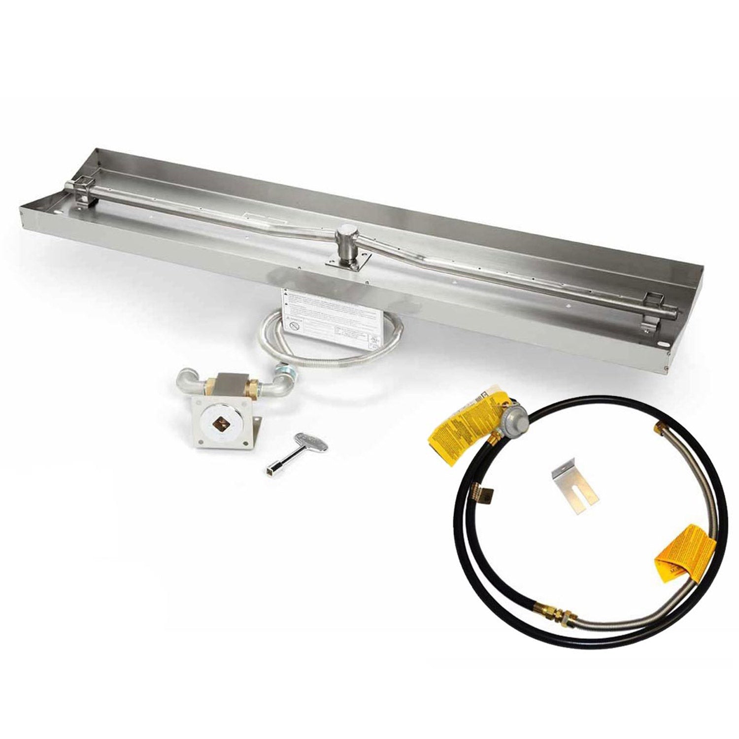 Linear gas fire pit burner kit with rectangular pan, regulator, and gas hose with yellow caps