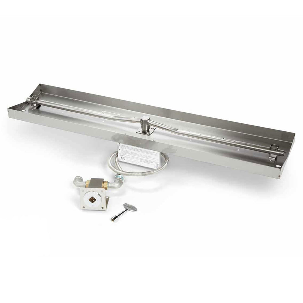 Linear gas fire pit burner kit with rectangular interlink pan, valve, and ignition parts