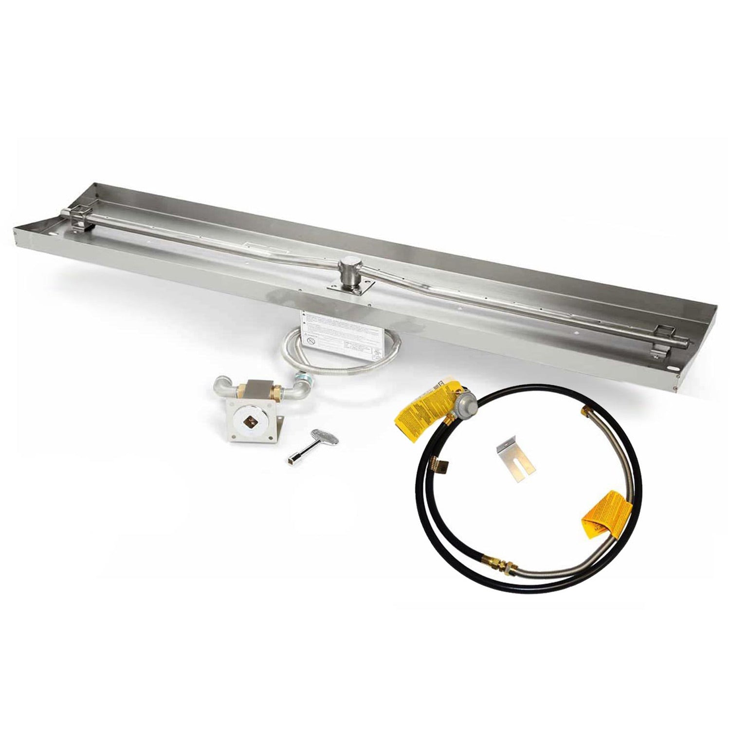 Linear gas fire pit burner kit with rectangular pan, valve, and connected gas hose