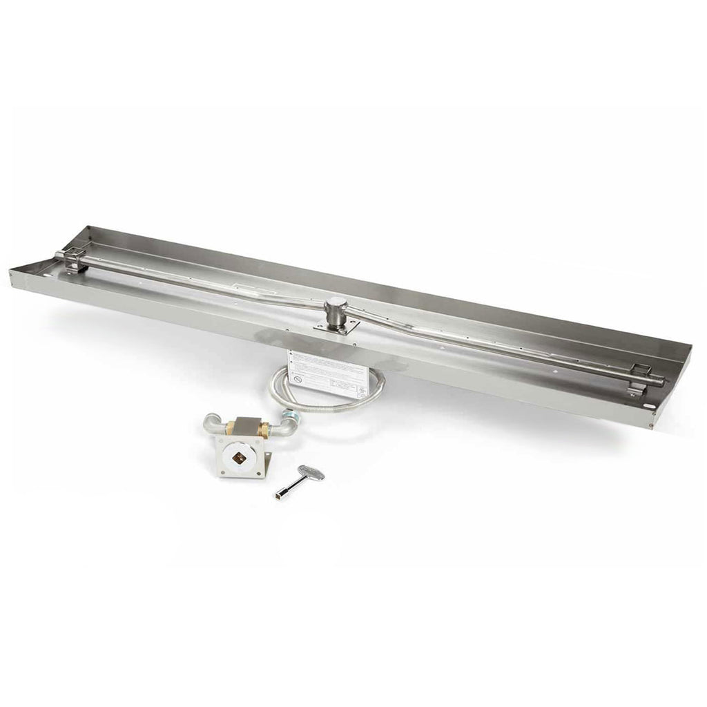 Linear gas fire pit burner kit with rectangular pan, valve, and ignition regulator