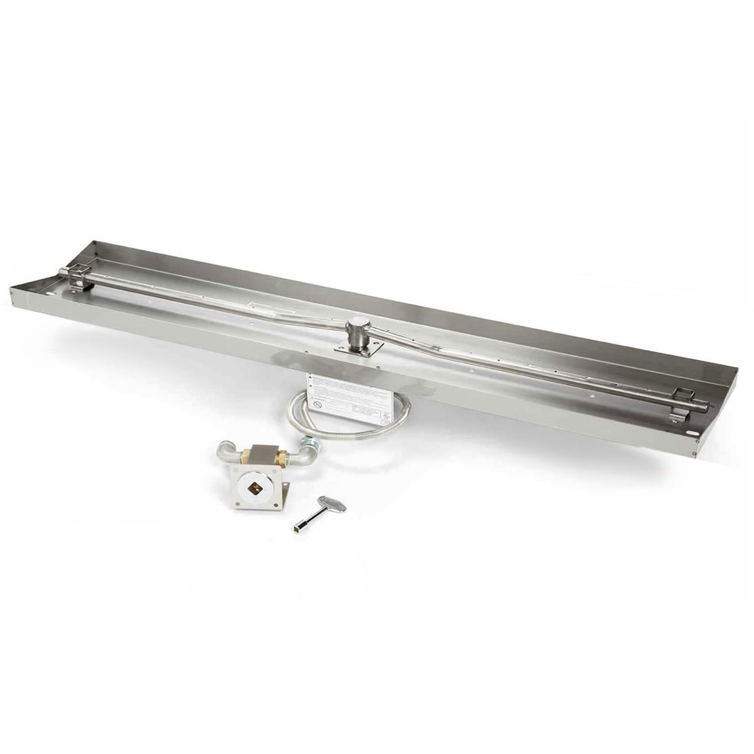 Linear gas fire pit burner kit with rectangular pan, valve, and ignition regulator