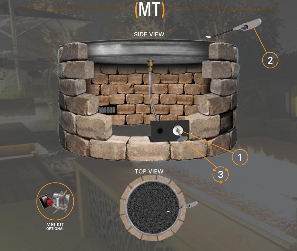 Gas fire pit burner insert with match-style ignition in stone fire pit ring