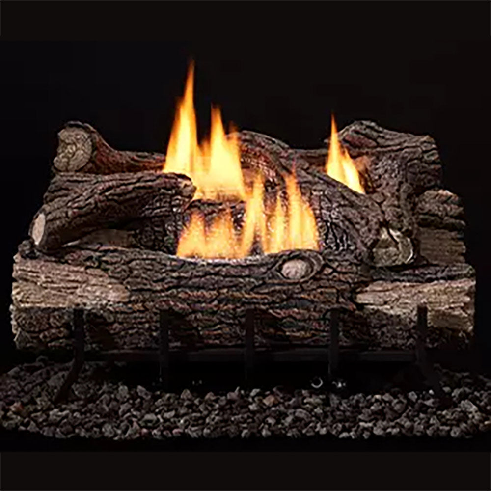 Fireplace log set with glowing faux logs and visible burning flames