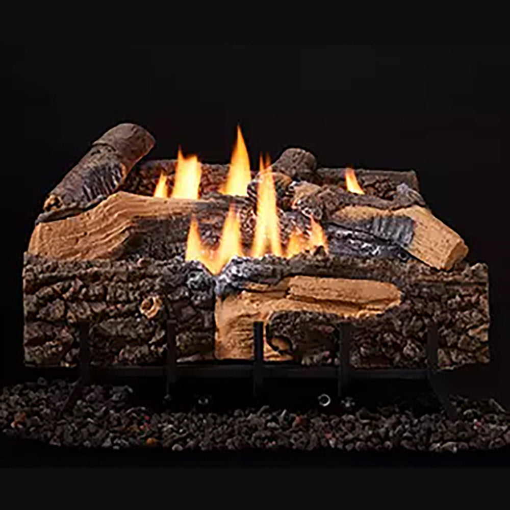 Outdoor fire log set with faux logs and glowing flames