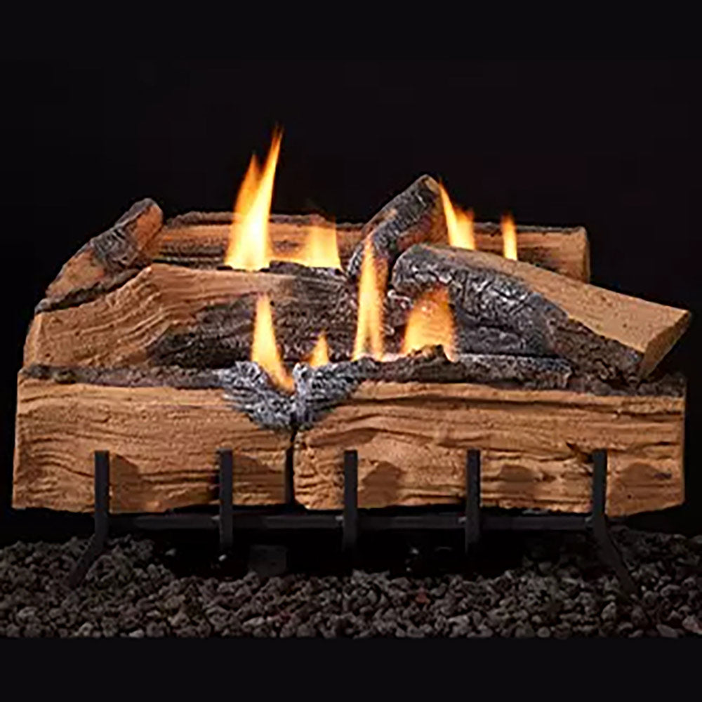Wood split log fire set with flames and metal grate stand