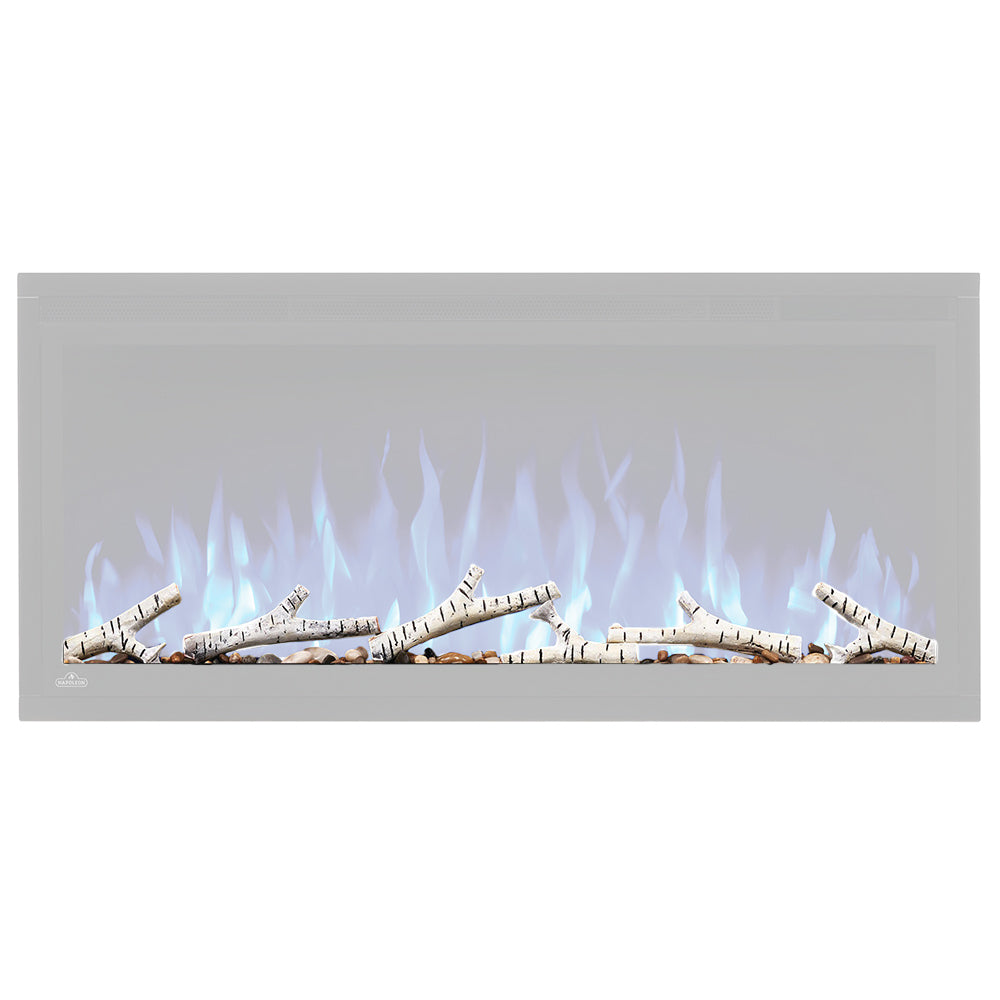 Birch log set with rocks for fireplace insert, with light birch logs and flames