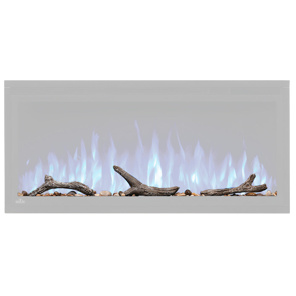 Driftwood-style log and rock set with flames inside a linear firebox