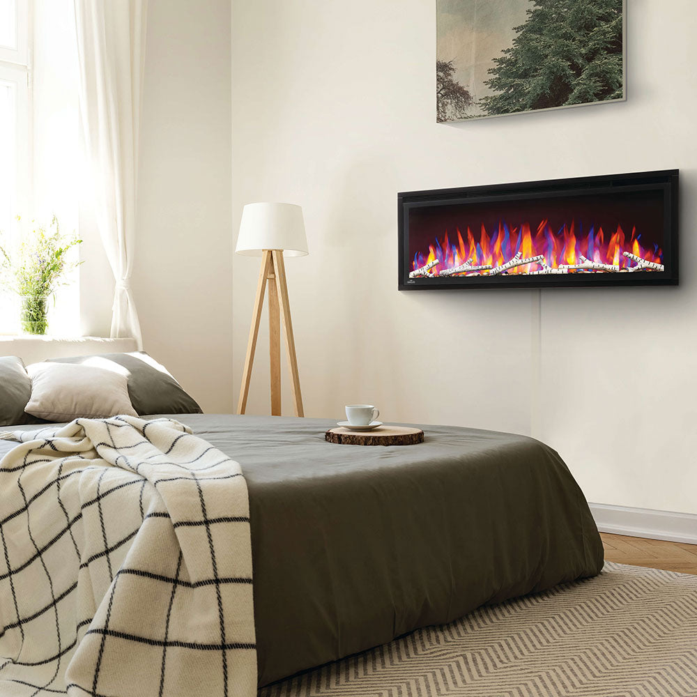 Wall-mounted fireplace insert with birch log set and colorful flames