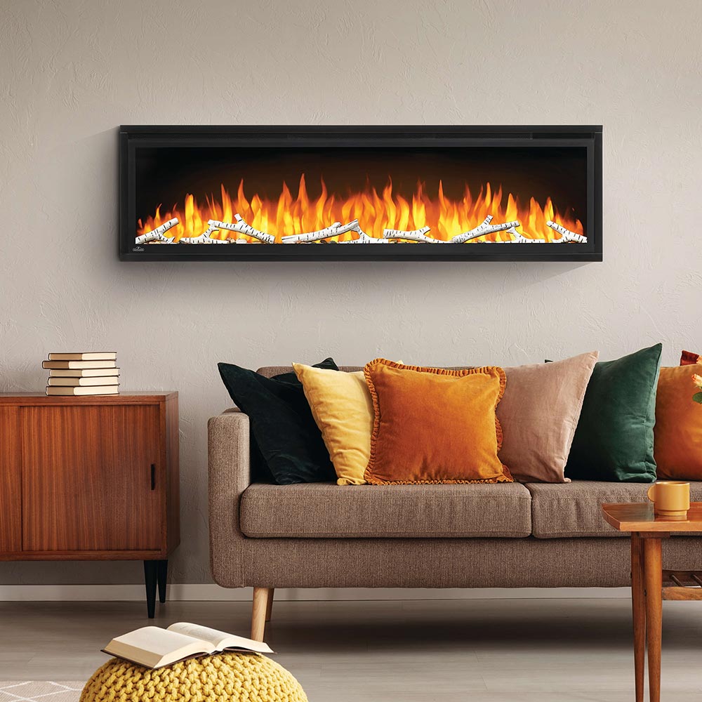 Fireplace insert with birch logs and orange flames behind a dark frame