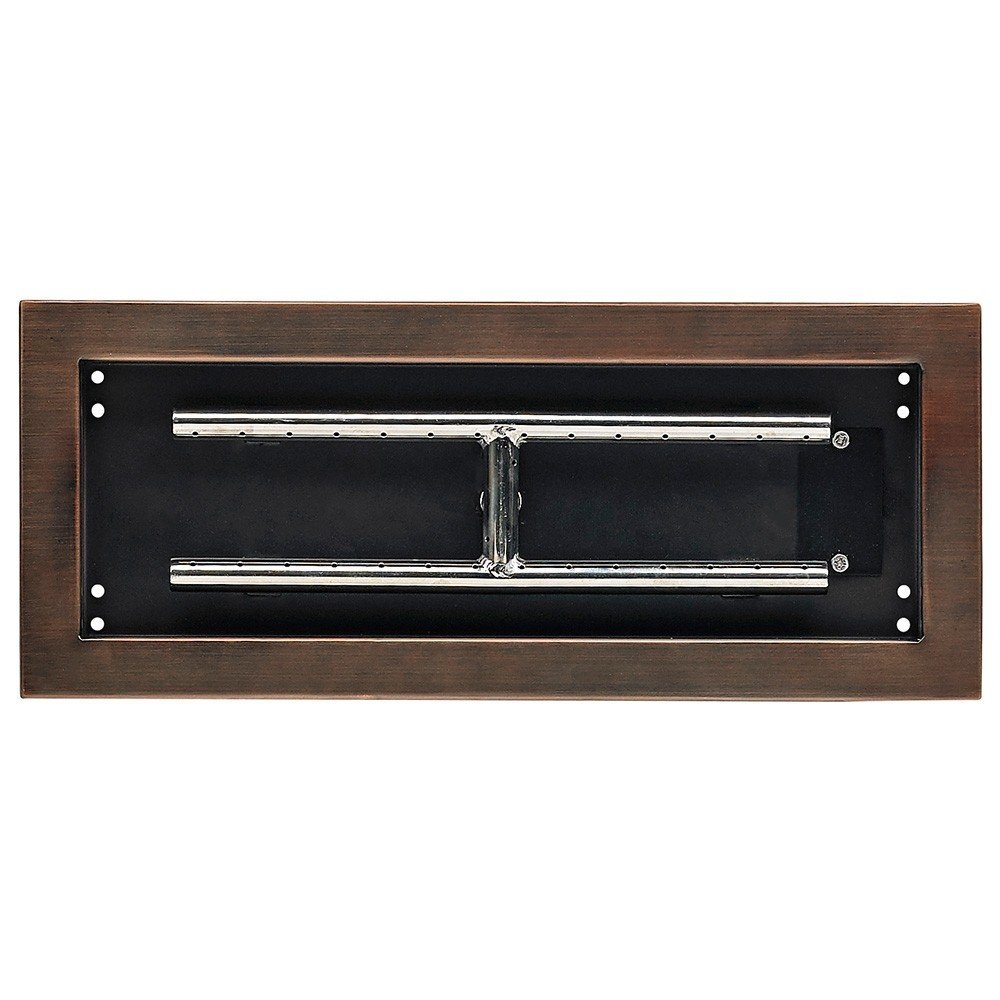Rectangular burner pan with oil-rubbed bronze frame and two metal burner tubes